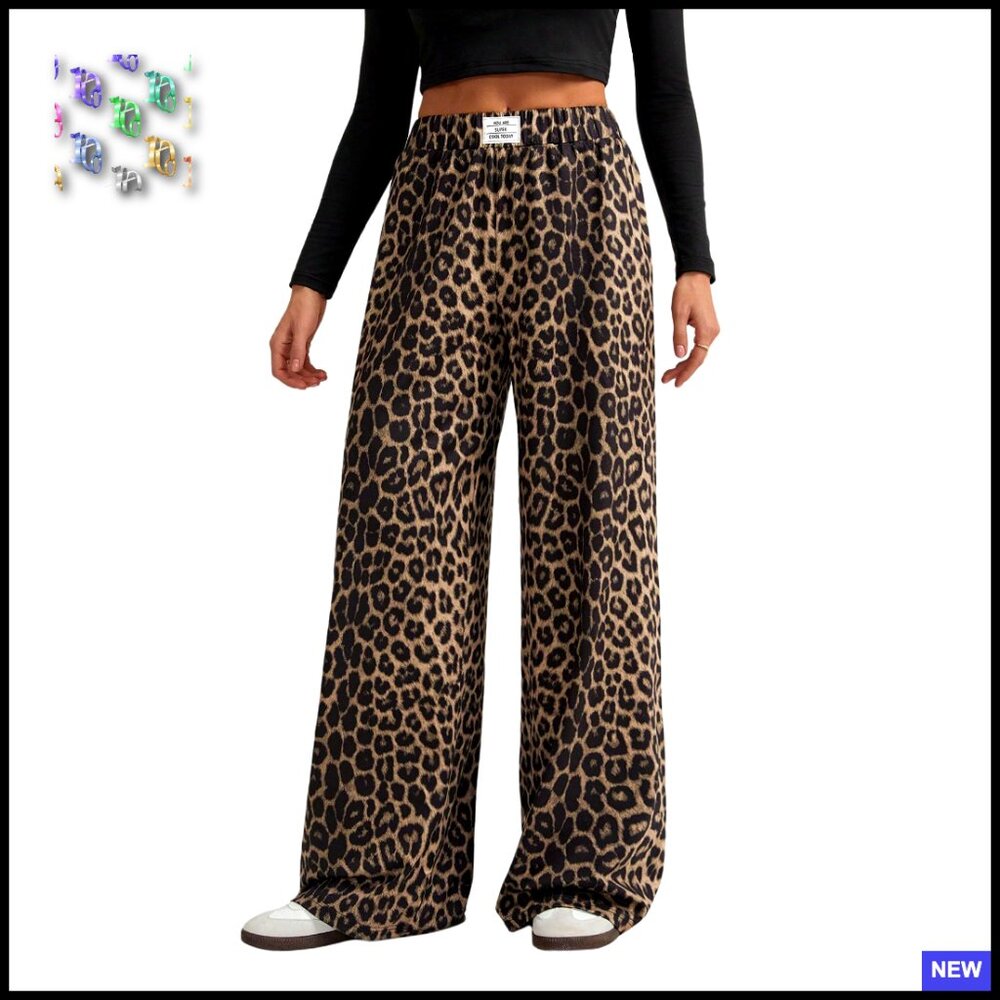Leopard Print Wide Leg Sweatpants High Waisted Baggy Casual Y2k Chic